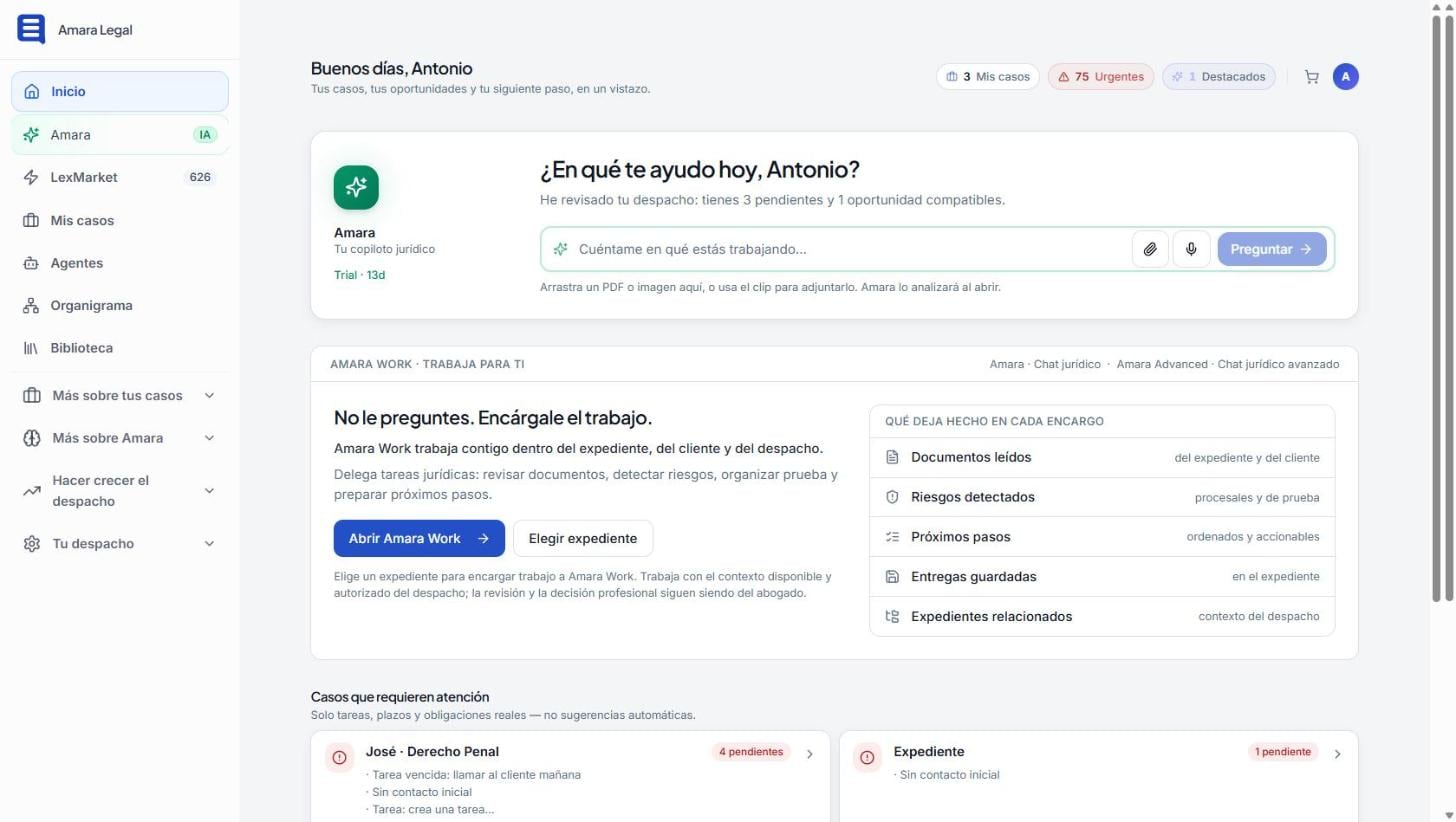 Panel de inicio de Amara: copiloto jurídico, Amara Work y casos que requieren atención