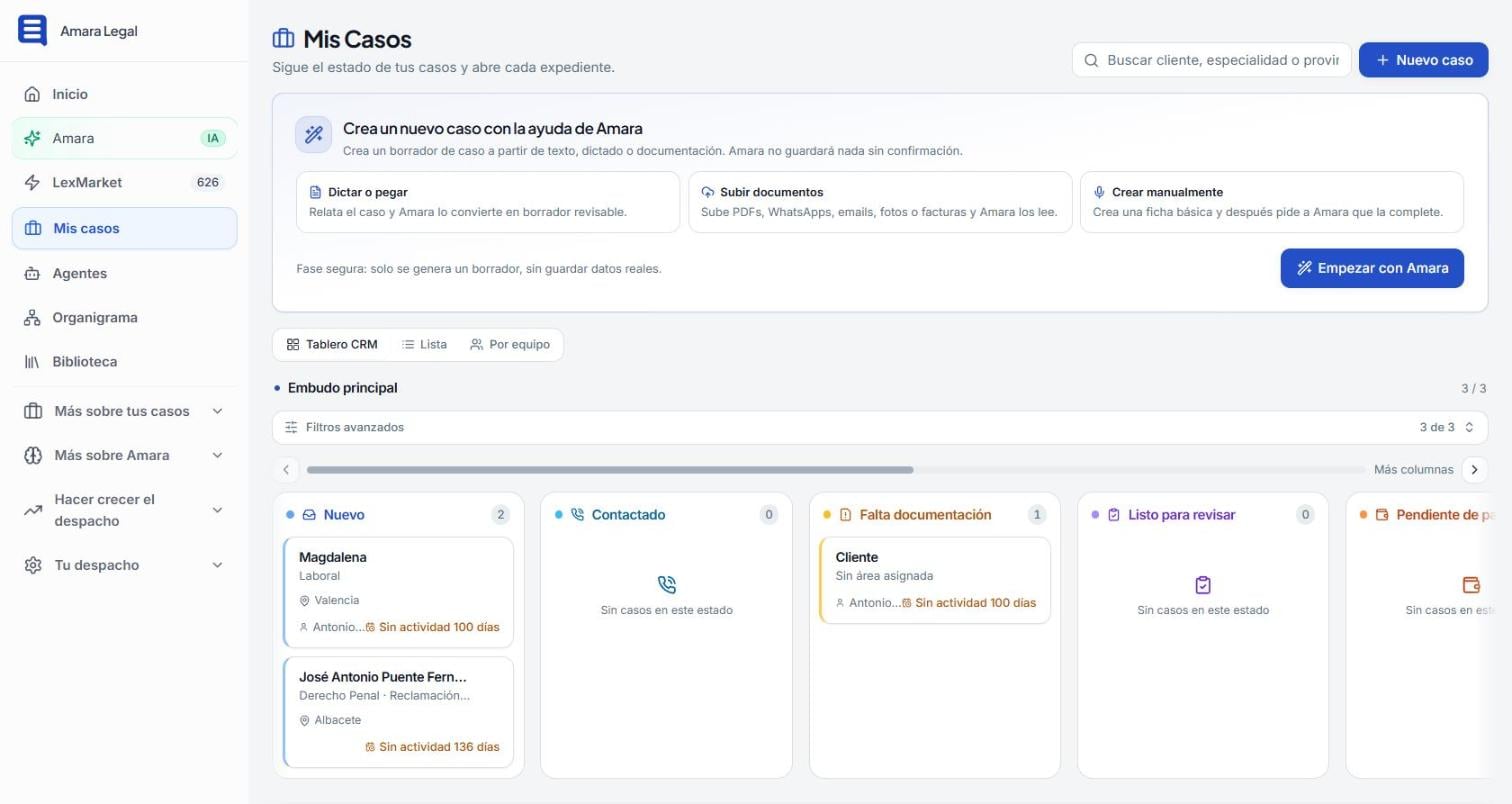Tablero CRM jurídico de Amara con los casos por estado