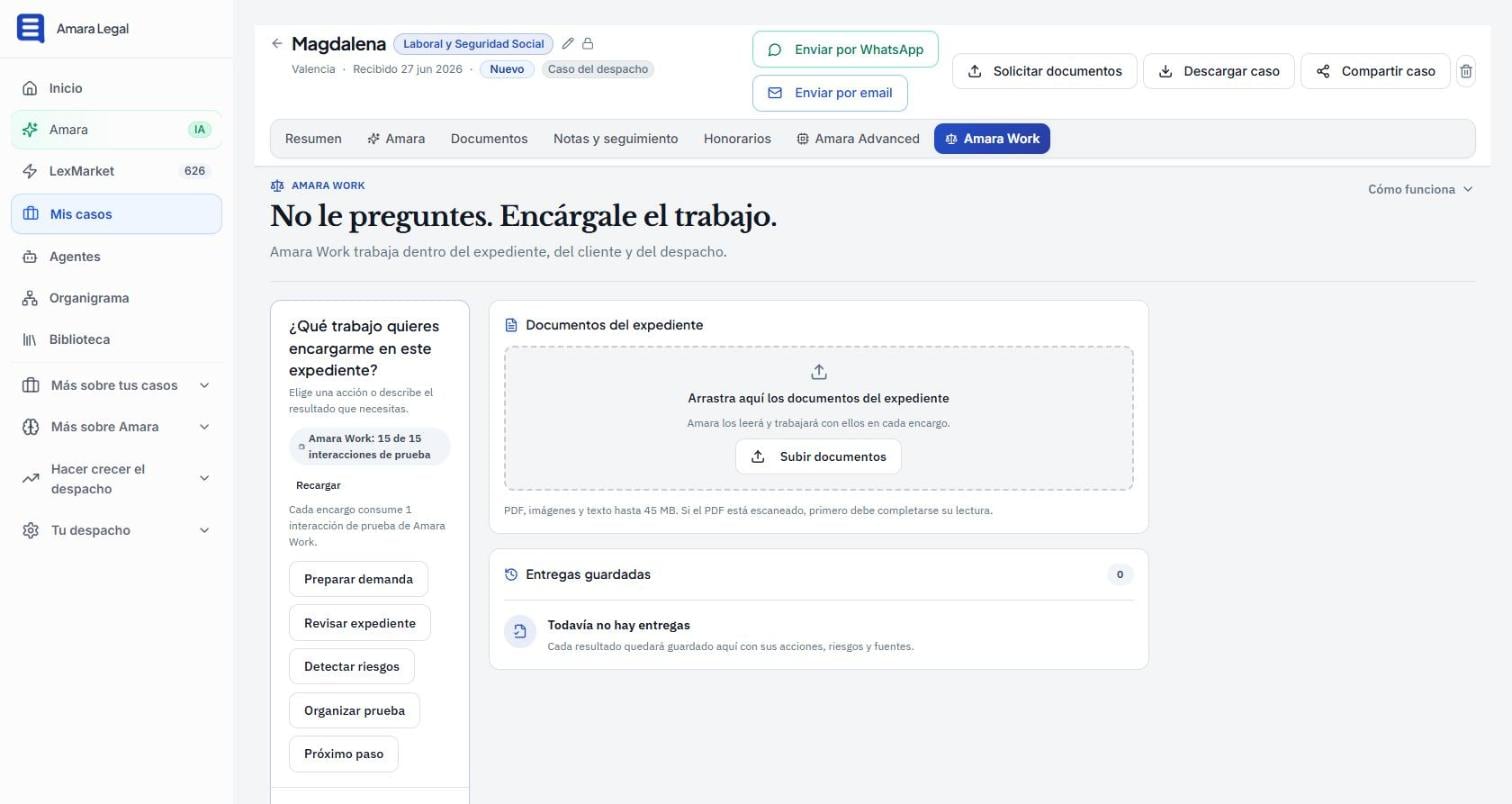 Amara Work dentro de un expediente: preparar demanda, revisar expediente, detectar riesgos, organizar prueba y próximo paso