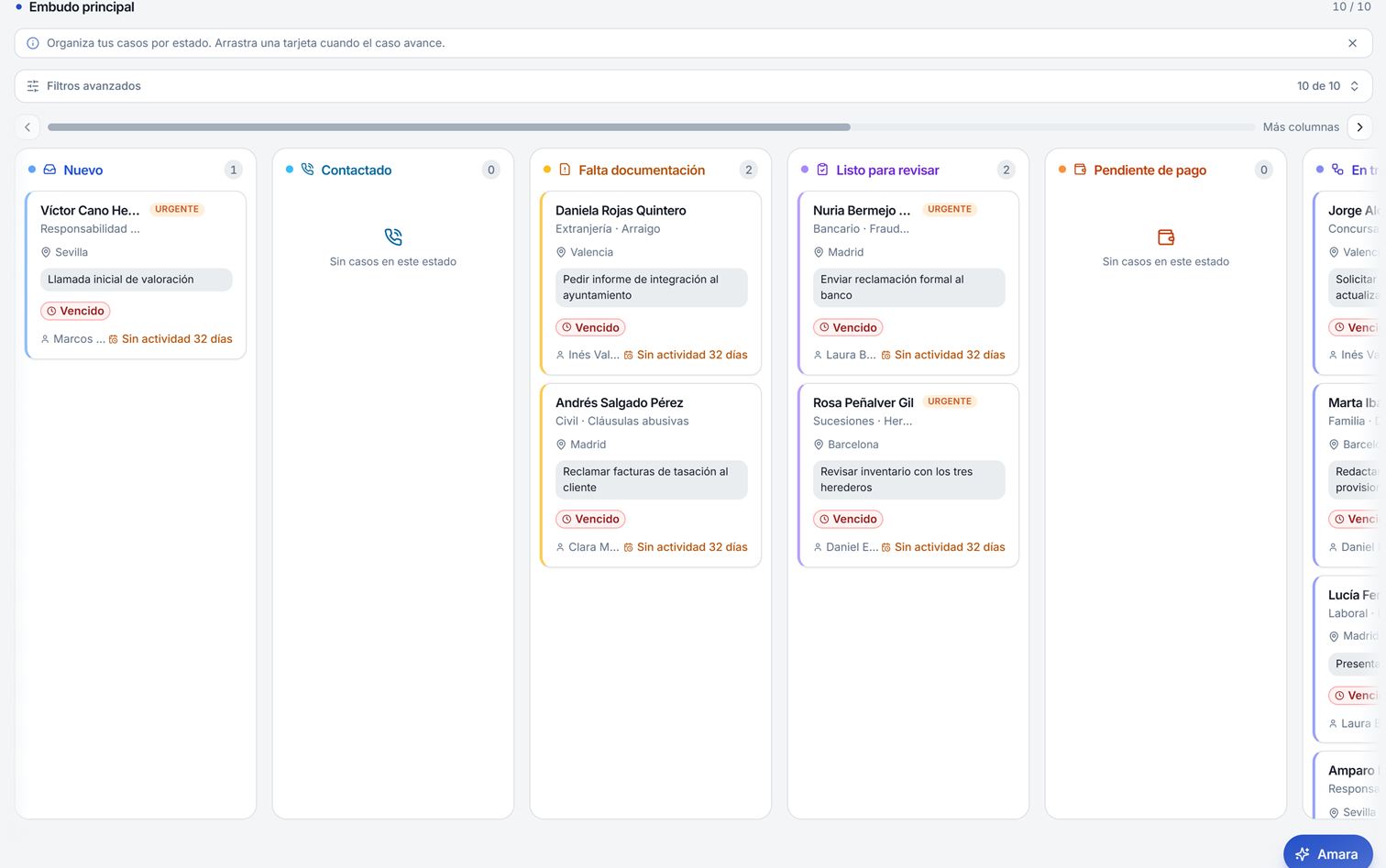 Tableau de LexCRM : les consultations d'un cabinet par statut, avec la prochaine action, le responsable et les jours sans activité